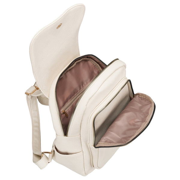 Maža moteriška miesto kuprinė „Peterson“ su atvartu, elegantiška, smėlio spalvos, iš ekologiškos odos D95