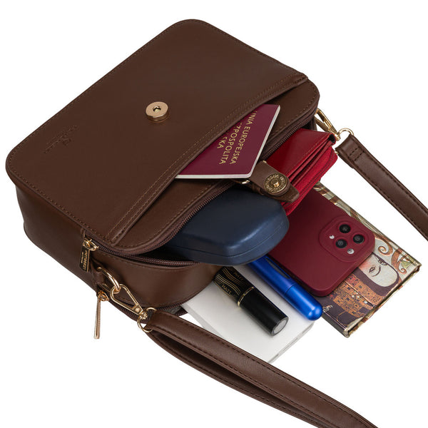 Maža moteriška „Peterson“ crossbody rankinė per petį, ruda, iš ekologiškos odos D48