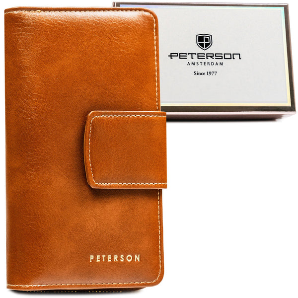 Moteriška vertikali ruda ekologiškos odos piniginė su spaude ir užtrauktuku „Peterson“ ST23