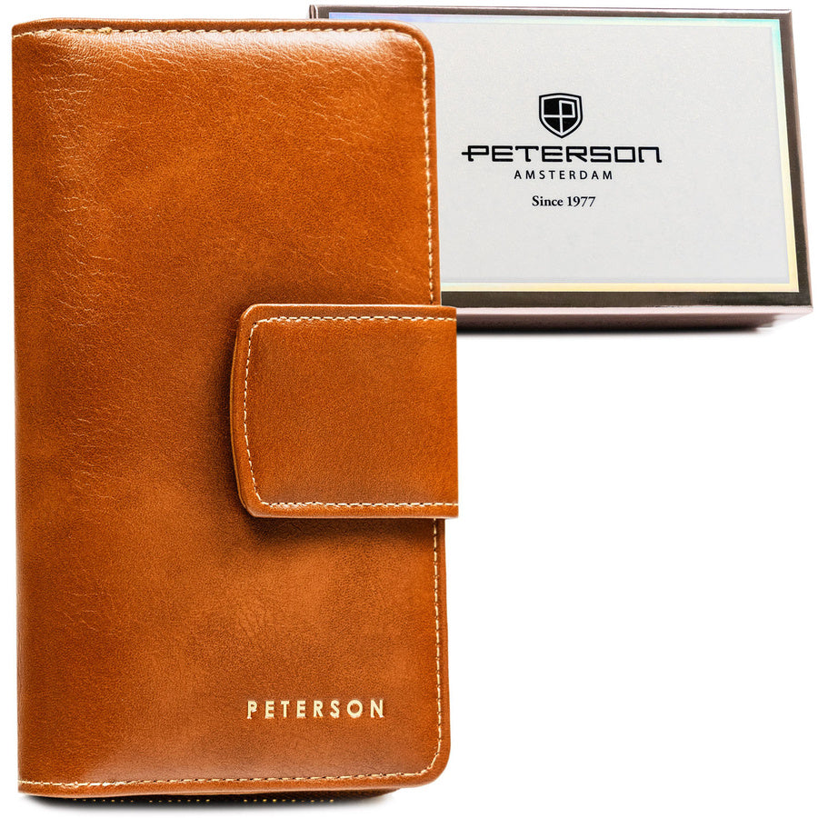 Moteriška vertikali ruda ekologiškos odos piniginė su spaude ir užtrauktuku „Peterson“ ST23