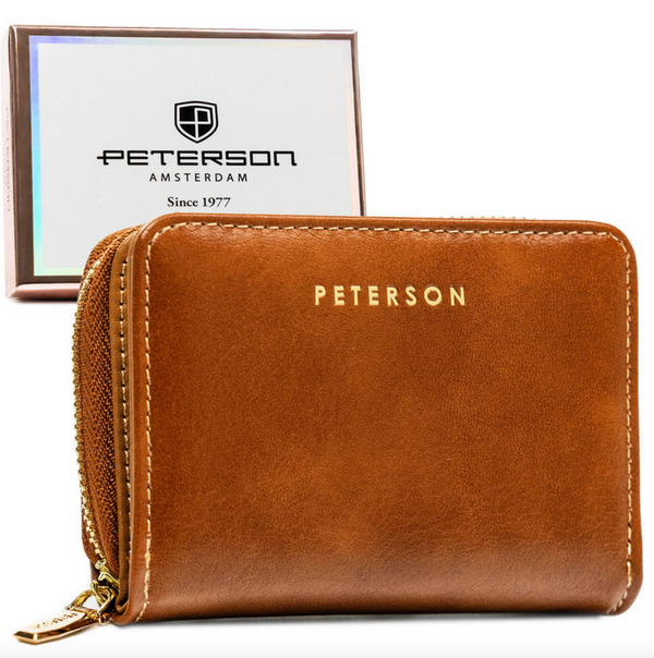 Moteriška ruda ekologiškos odos piniginė „Peterson“ su užtrauktuku ir spaude ST26