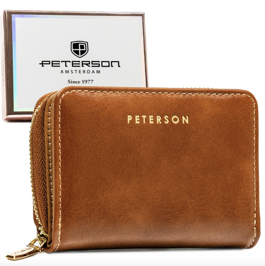 Moteriška ruda ekologiškos odos piniginė „Peterson“ su užtrauktuku ir spaude ST26