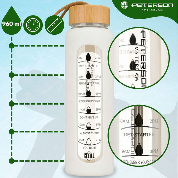 Peterson moteriška stiklinė vandens gertuvė 960 ml su silikoniniu dėklu, motyvacine matavimo skale, smėlio spalvos D70