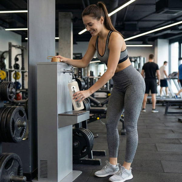 Peterson moteriška stiklinė vandens gertuvė 960 ml su silikoniniu dėklu, motyvacine matavimo skale, smėlio spalvos D70