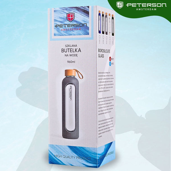 Peterson moteriška stiklinė vandens gertuvė 960 ml su silikoniniu dėklu, motyvacine matavimo skale, smėlio spalvos D70