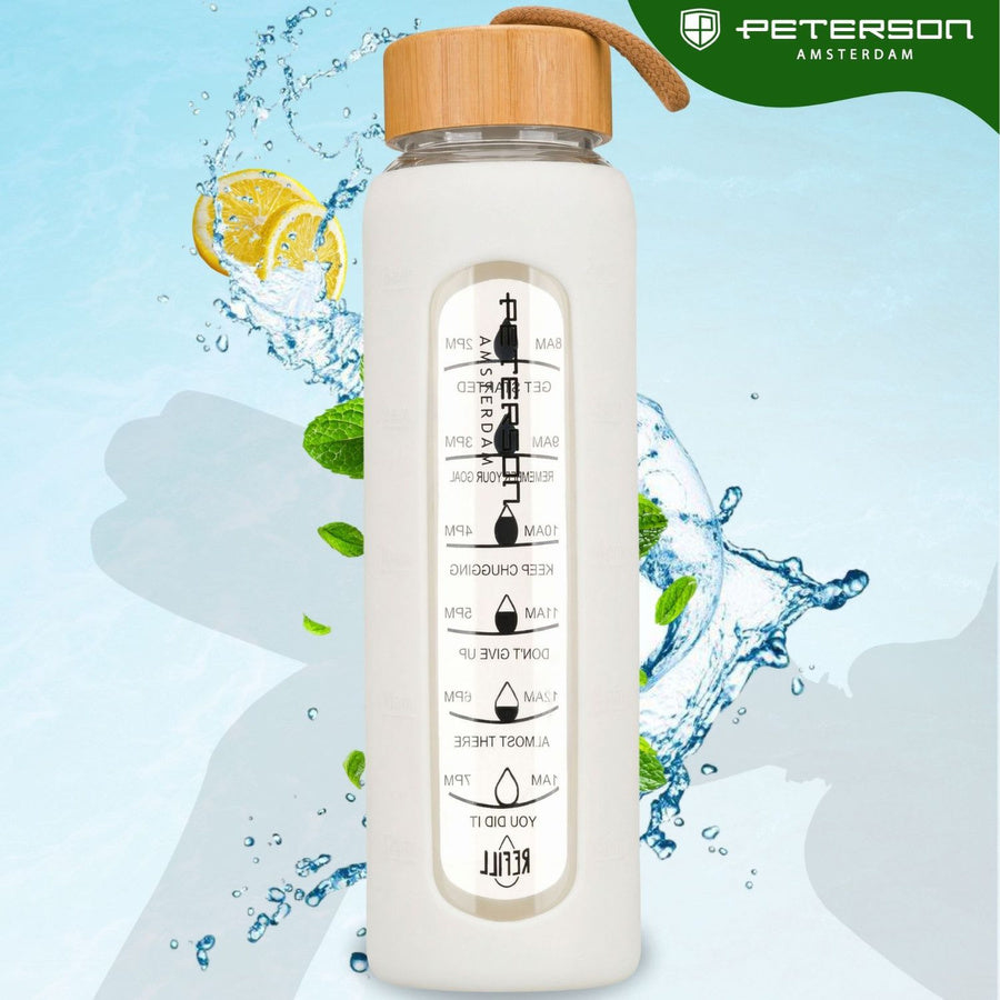 Peterson moteriška stiklinė vandens gertuvė 960 ml su silikoniniu dėklu, motyvacine matavimo skale, smėlio spalvos D70