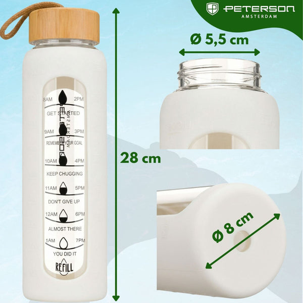 Peterson moteriška stiklinė vandens gertuvė 960 ml su silikoniniu dėklu, motyvacine matavimo skale, smėlio spalvos D70