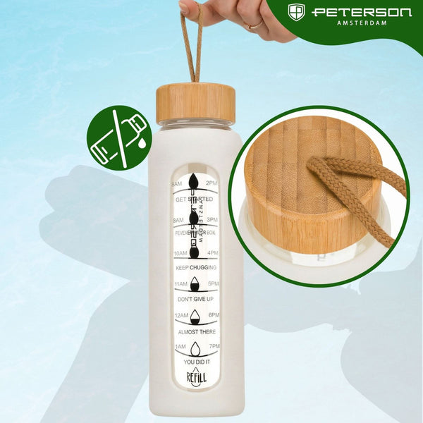 Peterson moteriška stiklinė vandens gertuvė 960 ml su silikoniniu dėklu, motyvacine matavimo skale, smėlio spalvos D70