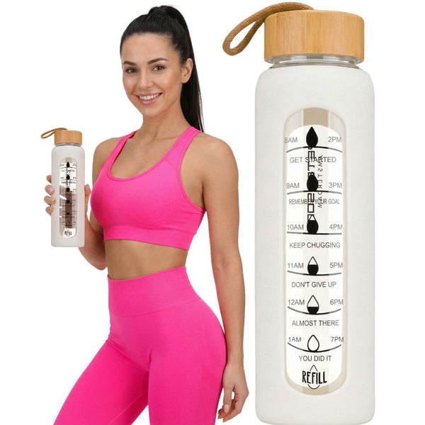 Peterson moteriška stiklinė vandens gertuvė 960 ml su silikoniniu dėklu, motyvacine matavimo skale, smėlio spalvos D70