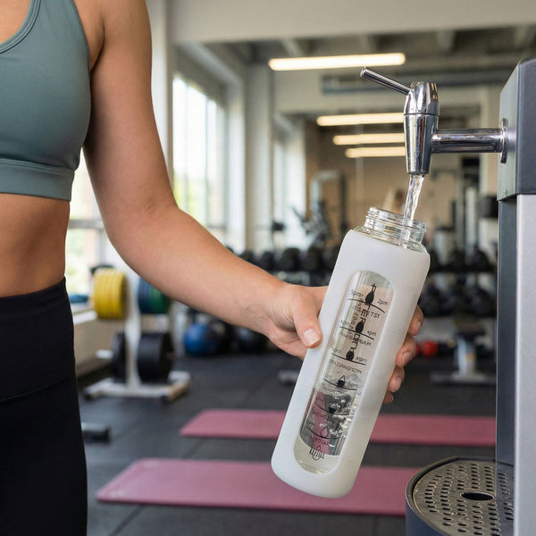 Peterson moteriška stiklinė vandens gertuvė 960 ml su silikoniniu dėklu, motyvacine matavimo skale, smėlio spalvos D70