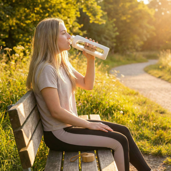 Peterson moteriška stiklinė vandens gertuvė 960 ml su silikoniniu dėklu, motyvacine matavimo skale, smėlio spalvos D70
