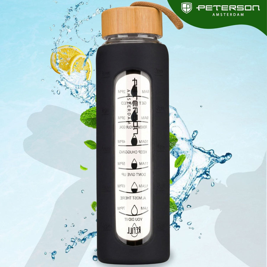 Peterson motyvacinė stiklinė vandens gertuvė su silikoniniu dėklu, juoda, 960 ml D68