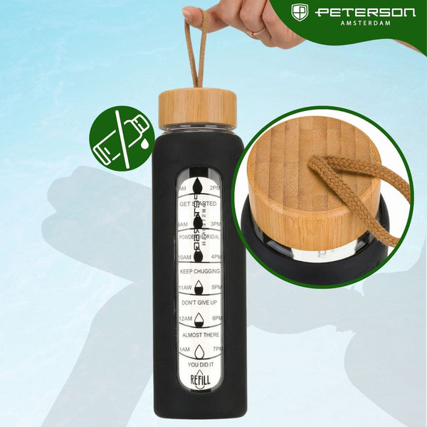 Peterson motyvacinė stiklinė vandens gertuvė su silikoniniu dėklu, juoda, 960 ml D68