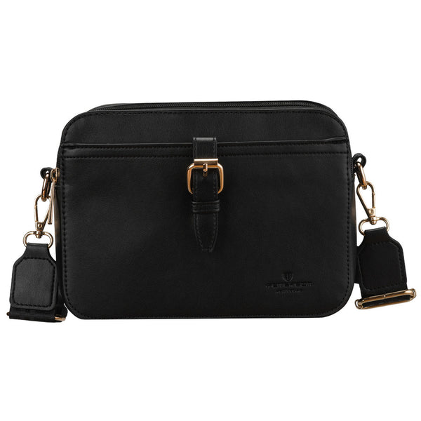 Maža moteriška „Peterson“ crossbody rankinė per petį, juoda, iš ekologiškos odos D47