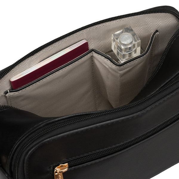 Maža moteriška „Peterson“ crossbody rankinė per petį, juoda, iš ekologiškos odos D47