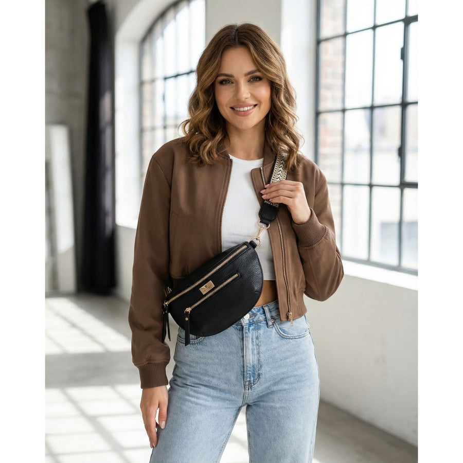 Moteriška juoda vieno skyriaus rankinė per juosmenį „Peterson“, iš ekologiškos odos TL18