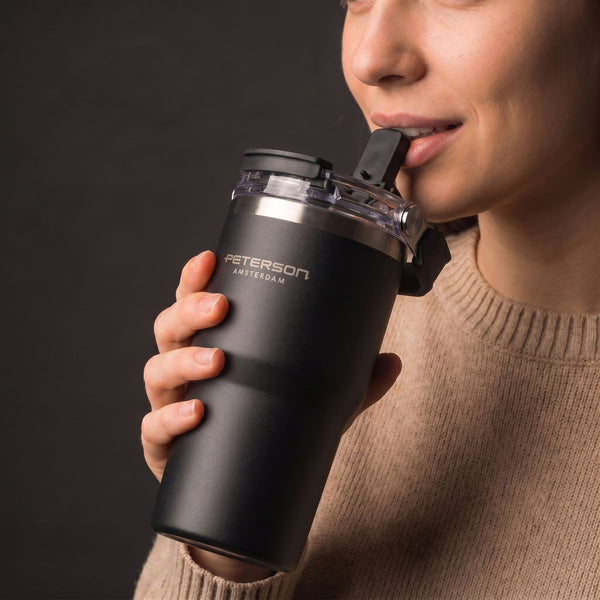 Peterson  600ml juodas nerūdijančio plieno termo puodelis su rankenėle