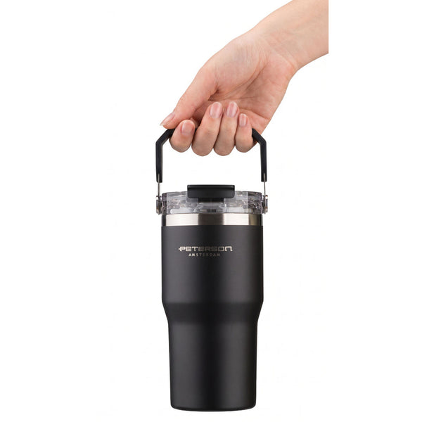 Peterson  600ml juodas nerūdijančio plieno termo puodelis su rankenėle