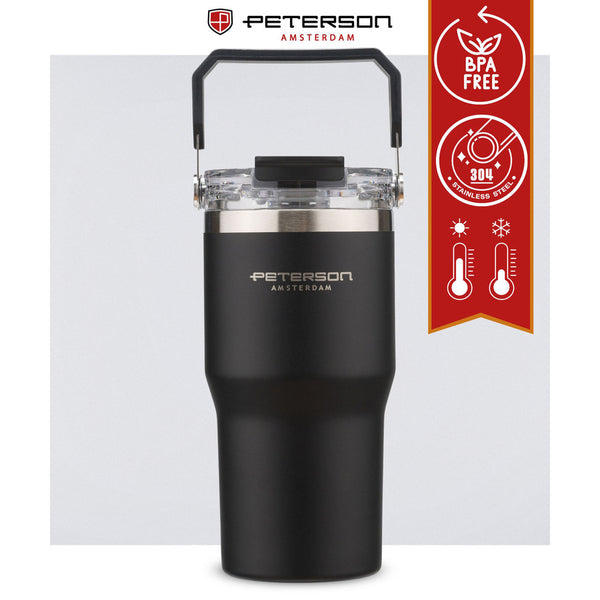 Peterson  600ml juodas nerūdijančio plieno termo puodelis su rankenėle