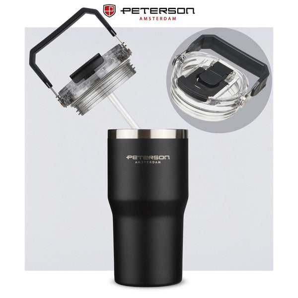 Peterson  600ml juodas nerūdijančio plieno termo puodelis su rankenėle
