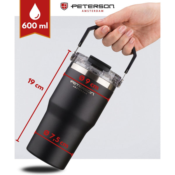 Peterson  600ml juodas nerūdijančio plieno termo puodelis su rankenėle