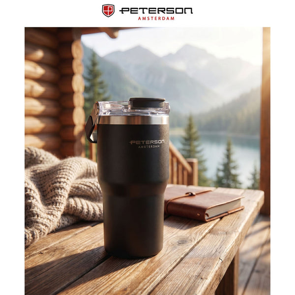 Peterson  600ml juodas nerūdijančio plieno termo puodelis su rankenėle