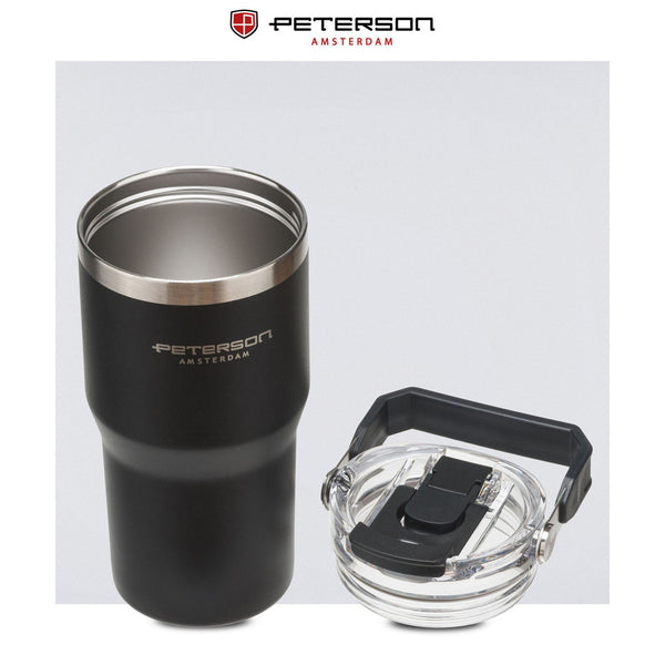 Peterson  600ml juodas nerūdijančio plieno termo puodelis su rankenėle