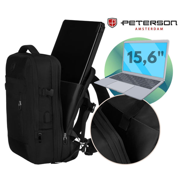 Juoda kelioninė kuprinė „Peterson“ rankiniam lėktuvo bagažui iš patvarios medžiagos K52