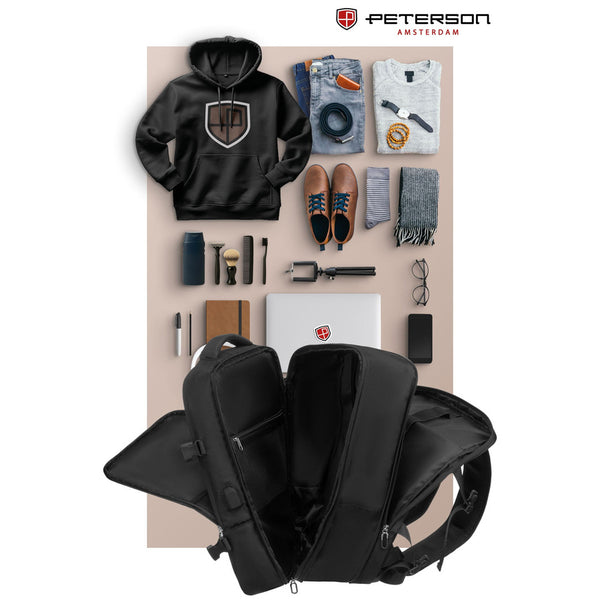 Juoda kelioninė kuprinė „Peterson“ rankiniam lėktuvo bagažui iš patvarios medžiagos K52