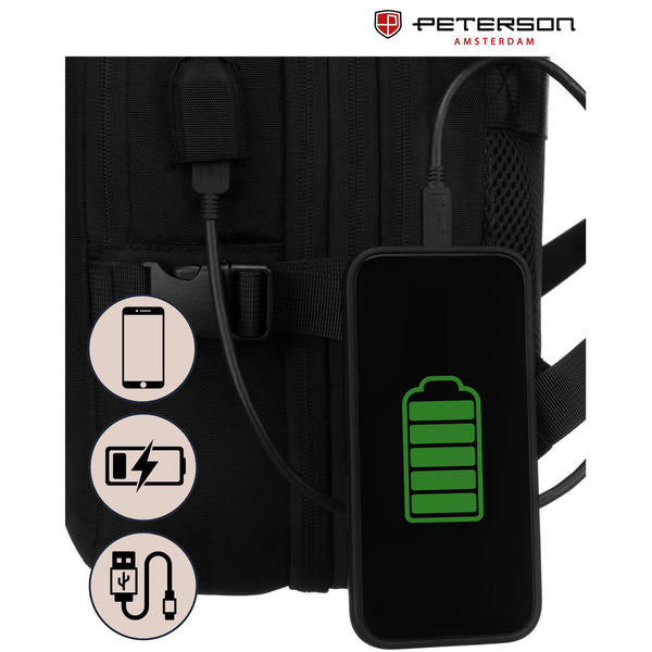 Juoda kelioninė kuprinė „Peterson“ rankiniam lėktuvo bagažui iš patvarios medžiagos K52