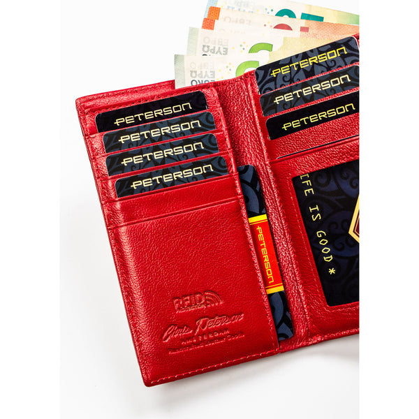 Peterson raudona moteriška piniginė iš lakuotos natūralios odos su spaude ir metaliniu rėmeliu DS20