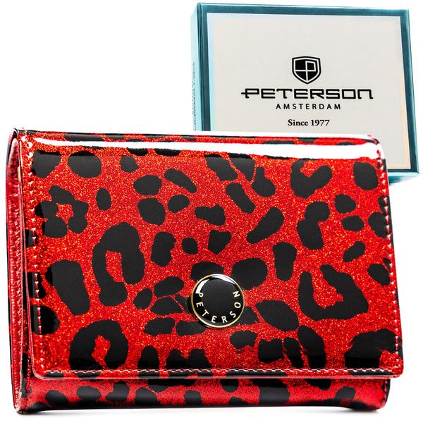 Moteriška „Peterson“ piniginė iš natūralios ir ekologiškos odos, raudona, leopardo rašto ST38