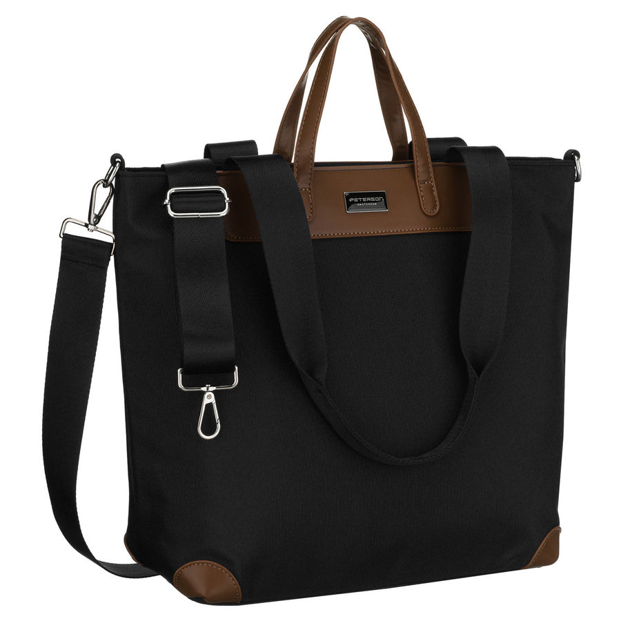 Didelė juoda moteriška „Peterson“ shopper rankinė su rankenomis ir nuimamu dirželiu, iš dirbtinės odos P25