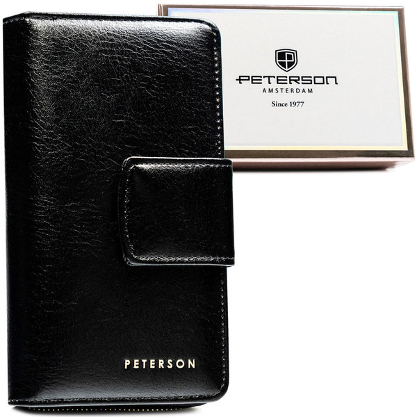 Didelis vertikalus moteriškas piniginės tipo dėklas „Peterson“ iš ekologiškos odos, juodas ST22
