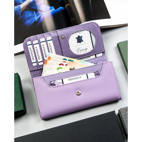 Didelė moteriška piniginė 4U Cavaldi iš ekologiškos odos, violetinė, su išorine kišenėle, užsegama spaudele