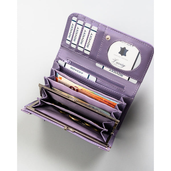 Didelė moteriška piniginė 4U Cavaldi iš ekologiškos odos, violetinė, su išorine kišenėle, užsegama spaudele