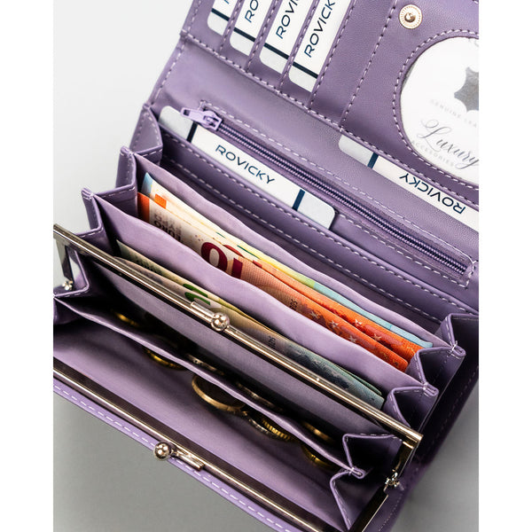 Didelė moteriška piniginė 4U Cavaldi iš ekologiškos odos, violetinė, su išorine kišenėle, užsegama spaudele