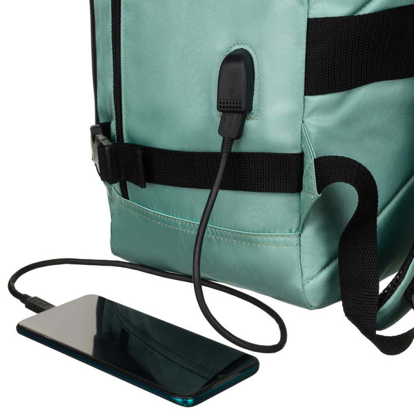 Turkio spalvos tekstilinė dviejų skyrių kelioninė kuprinė „Peterson“ su tvirtinimu prie lagamino ir USB jungtimi K47