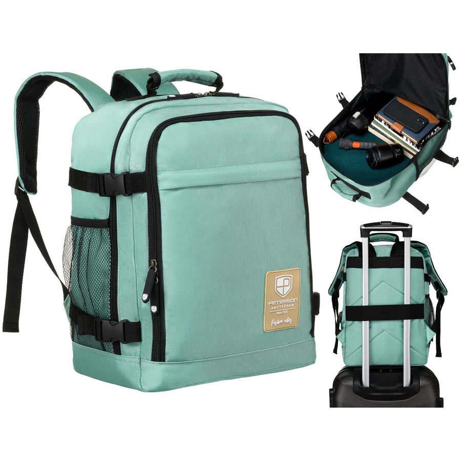 Turkio spalvos tekstilinė dviejų skyrių kelioninė kuprinė „Peterson“ su tvirtinimu prie lagamino ir USB jungtimi K47