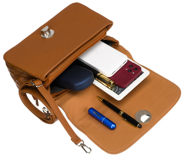 Moteriška karamelinės spalvos „David Jones“ crossbody rankinė su sidabro spalvos furnitūra D31
