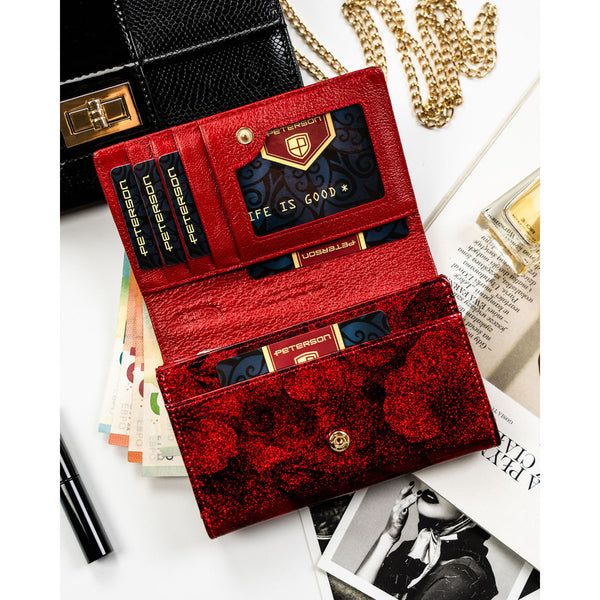 Moteriška lakuota natūralios ir ekologiškos odos piniginė „Peterson“ su gėlių raštu, raudona, su spaude ST21