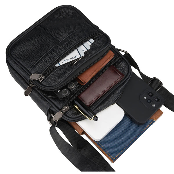 Vyriška natūralios odos rankinė per petį „Rovicky“, juoda, su užtrauktuku