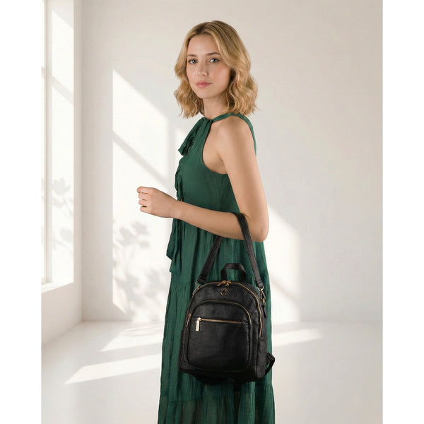 Peterson moteriška maža miesto kuprinė–rankinė 2in1 per petį, juoda, iš ekologiškos odos D92