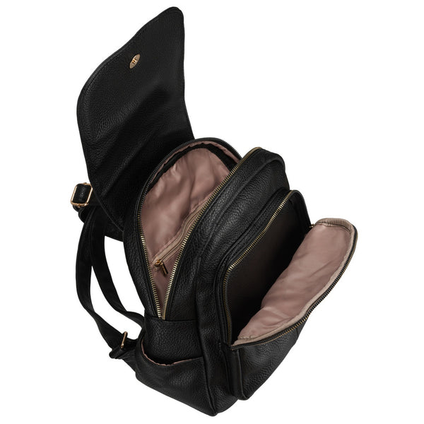 Peterson moteriška miesto kuprinė su atvartu, juoda, iš ekologiškos odos D94