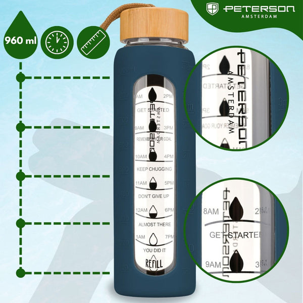 Peterson moteriška talpi stiklinė vandens gertuvė 960 ml su silikoniniu apsauginiu dėklu, tamsiai mėlyna D72