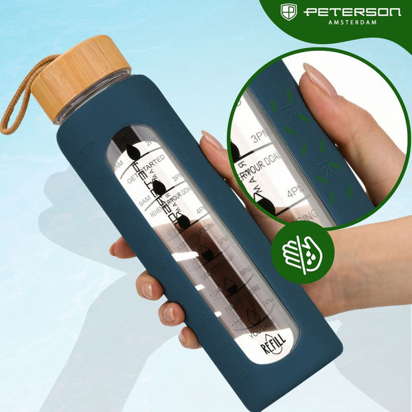 Peterson moteriška talpi stiklinė vandens gertuvė 960 ml su silikoniniu apsauginiu dėklu, tamsiai mėlyna D72