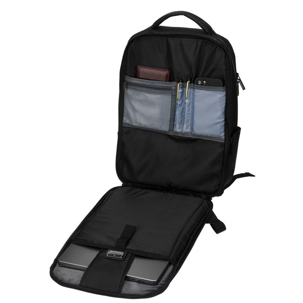 Juoda tekstilinė kelioninė kuprinė „Peterson“ nešiojamajam kompiuteriui su tvirtinimu prie lagamino K45