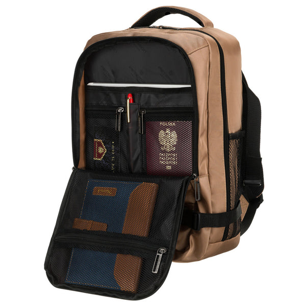 Smėlio spalvos poliesterinė kelioninė kuprinė „Peterson“ su kvėpuojančiomis petnešomis K56