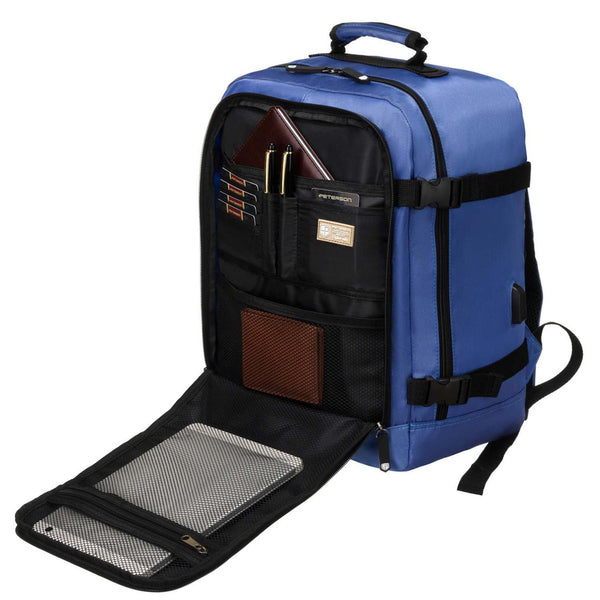 Mėlyna vandeniui atspari poliesterinė kelioninė kuprinė „Peterson“ su reguliuojamomis petnešomis K48