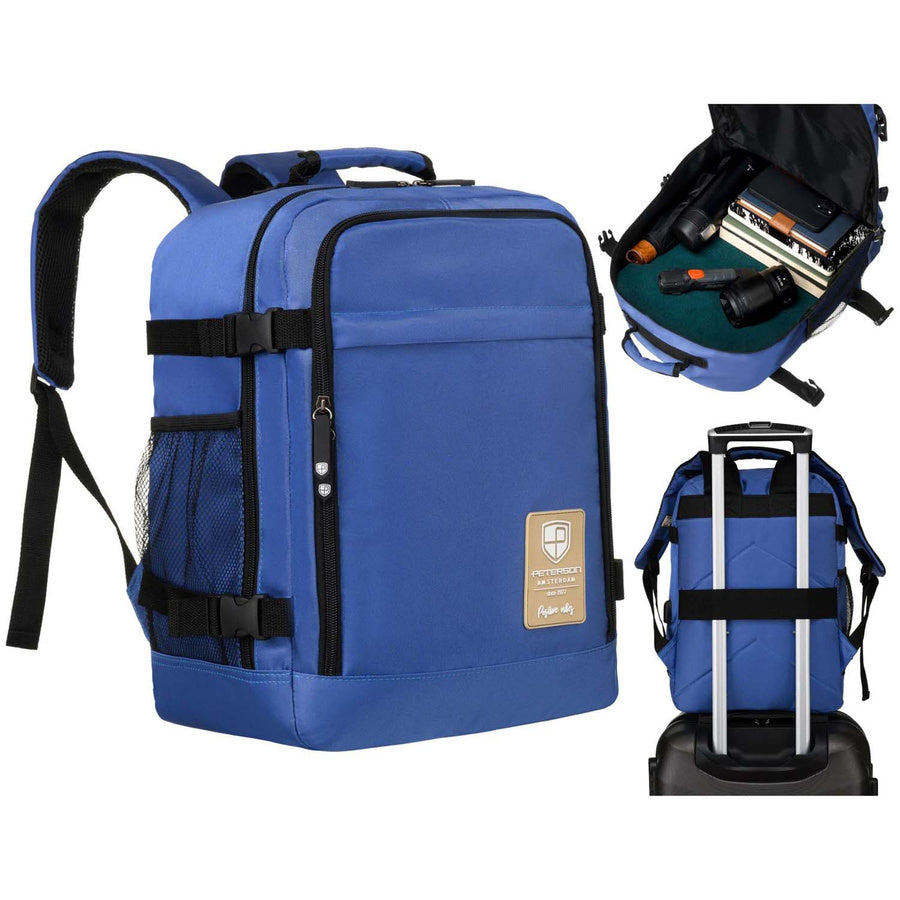 Mėlyna vandeniui atspari poliesterinė kelioninė kuprinė „Peterson“ su reguliuojamomis petnešomis K48